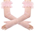 Women s Long Fingerless Wedding Gloves Puffy Sheer Sleeves Ruffle Cuffs Mesh    