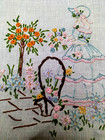 Charming Crinoline Lady   Cottage Garden Vintage Hand Embroidered Runner