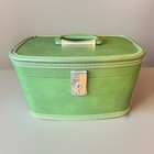 Vintage 60   s 70   s Avocado Green Vinyl Train Case Mid Century Cosmetic Makeup Box