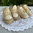 Antique White Leather toddler doll Crib Walking Shoes Worn Condition Dirty Old