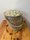 Vintage Wtg Japan Sewing Basket Wicker Sewing Box Floral Lid Satin Lined Storage