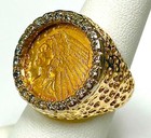 14k Yellow   White Gold 2 1 2 Dollar Gold Coin Diamond Nugget Ring Size 6 3 4
