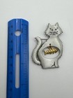 Jj Cat Brooch Pin Pewter Silver Tone Gold Fishbone Dangle Vintage Jewelry