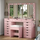 Vanity Desk With Mirror And Lights  15 Drawers Vanity With Glass Top  Pink