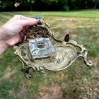 Vintage Ornate Solid Gold Brass Footed Inkwell With Glass Insert Art Nouveau
