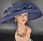 Church Kentucky Derby Hat Carriage Tea Party Wedding Wide Brim Navy Blue