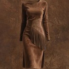 Women s Vintage Western Suede-look Maxi Dress Boho Fringe   Waist Ruffle Detail 