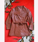 Vintage 1970s Tan Brown Leather Jacket Trench Coat Short Orange Western Boho M