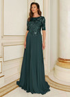 Mother Of The Bride Dresses Illusion Neck Long Puff Sleeve Wedding Evening Gown