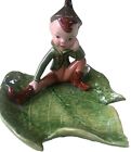 1950 Vintage Holland Pixie Elf Figurine Sitting On A Leaf Vibrant Trinket Dish