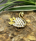 Vintage Swan Brooch Faux Pearl Gold Tone Rhinestone Eye Bird Pin