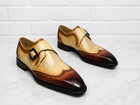 Handmade Two Tone Tan Brown Leather Monk Strap Dress Men Shoes   Us Size 4-16