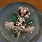 1920s Vintage Powder Music Box Green Metal Floral Pink Stone Flower Works