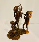 African Vintage Hand Carved Ebony Wood Sculptures 3 Hunters Signed L 8  H 11 