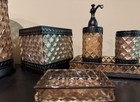 Bronze   Black Glass Metal Bathroom Accessory Set 6pc Geometric Pattern Vintage