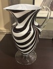 Hand Blown Murano Glass Pitcher Vase  White And Dark Purple Swirl  Vintage