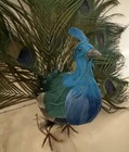 Feathered Peacock Decor Colorful Blue Open Tail Real Feathers Wire Feet Figure