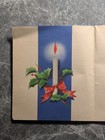 Vintage Christmas Greeting Card White Candle Red Bow Holly Berries Blue Mcm   