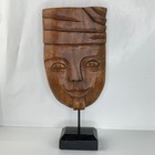 Vintage Wood Carved Turban Head Bust Mask Wood Base