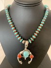 Turquoise   Coral Pendant Navajo Pearls Sterling Silver Necklace 02062