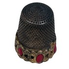 Vintage 800 Silver Italian Thimble Red Cabochon Filigree Gold Vermeil Plate
