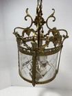 Vintage Gilt Brass Foyer Lantern Chandelier With 2 Lights And Etched Round Glass