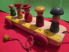 Vintage Playskool All Wood Wooden Flat Wagon Pull Toy With 5 Wooden People Rare