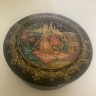 Palekh Russian Hand Painted Black Lacquer Trinket Box  Wood 3    By 1 25   