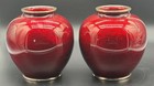 Pair Antique Japanese Pigeon Blood Red Cloisonne Enamel Vase Bamboo Birds Floral