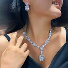 White Cz Crystal Square Drop Wedding Necklace And Earring Jewelry Set For Brides