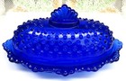 Vtg Le Smith Oval Cobalt Blue  Glass Lidded Hobnail Butter Dish Marked Cursive S