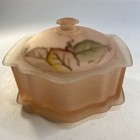 Pink Satin Glass Trinket Powder Box Lid Hand Painted Footed Dresser Jar Leaves
