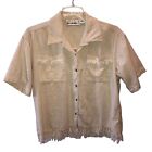 Vtg Carolina Colours Sz 18 Yellow Beige Short Sleeve Button Up Frayed Hem Shirt