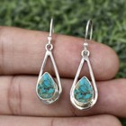 Sterling 925 Silver Copper Blue Turquoise Handmade Dangle Genuine Women Earrings