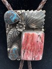Vintage Navajo Sterling Silver Turquoise Red Coral Stone Bolo Tie 2x1 5   