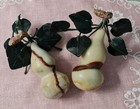 Vintage Chinese Jade Stone Pair Pears With Carved Jade Leaves 