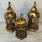 Set Of 3 Antiqued Brass Style Hexagonal Lantern Votive Candle Holders Decorative