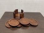 Vtg Wood Coasters Dark Stain Set 6 Wood   Chrome Holder Mcm Barware