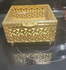 Vintage Ormolu Gold Filigree Jewelry Casket Box Beveled Glass Lid Mid Century 