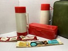 Vtg Aladdin Dual Thermos Lunch Box Picnic Set Green Zip Leather Carrying Bag