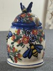 Unikat Honey Pot Signed Hand Painted Polish Pottery Ceramic With Lid Bee Floral