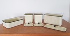 Enameled Refrigerator Containers Lidded 7 Pc Vintage 1950s Cream Black Farmhouse
