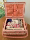 Vintage Pink Wicker Sewing Basket Box Organizer Mid Century Craft Storage   