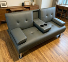 New Modern Faux Leather Futon Sofa Bed  Convertible Couch W Cup Holders Gray