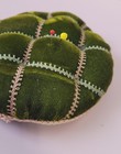 Vintage  Antique Green Velvet Pin Cushion Embellished With Pink Picot Cord 5 w