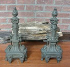 Antique Bronze Louis Xvi Andirons  Column With Flame Finials