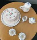 Vintage Porcelain Miniature Dollhouse Tea Set For Two  blue And White With Gold