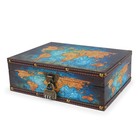 Vintage Wood Treasure Chest Keepsake Jewelry With Map Leather Surface  treasure