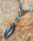 Art Nouveau Necklace Brass Lavalier Pendant Light Aqua Blue Antique Czech Glass