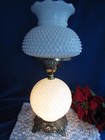 Vtg White Milk Glass Hobnail Gwtw Hurricane Parlor Table Lamp 3 Way 22    fenton 